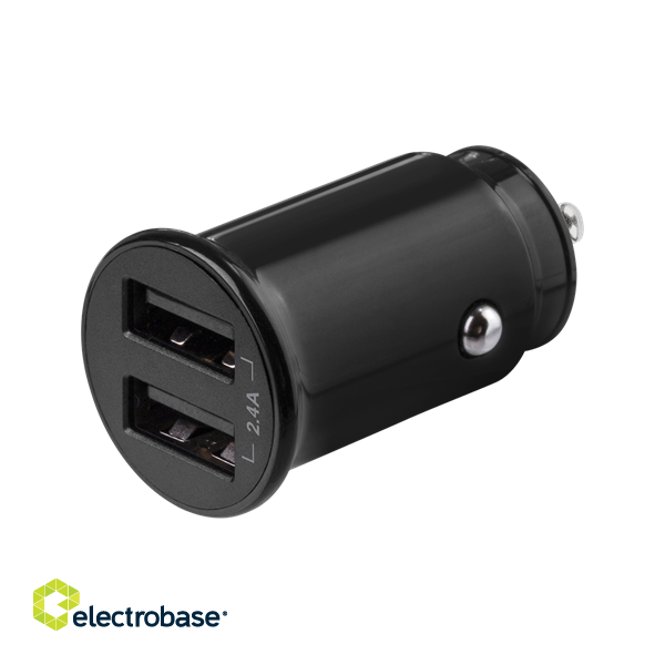 DELTACO 12/24 V USB car charger with compact size and dual USB-A ports, 2.4 A, 12 W, black USB-CAR124 image 1