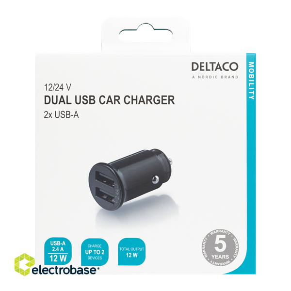DELTACO 12/24 V USB car charger with compact size and dual USB-A ports, 2.4 A, 12 W, black USB-CAR124 image 3