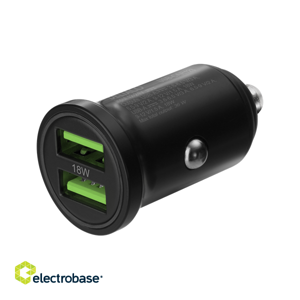 DELTACO 12/24 V USB car charger with dual USB-A ports, 36 W, black  / USB-CAR128 image 1