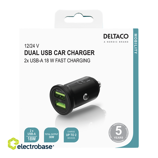 DELTACO 12/24 V USB car charger with dual USB-A ports, 36 W, black  / USB-CAR128 image 2