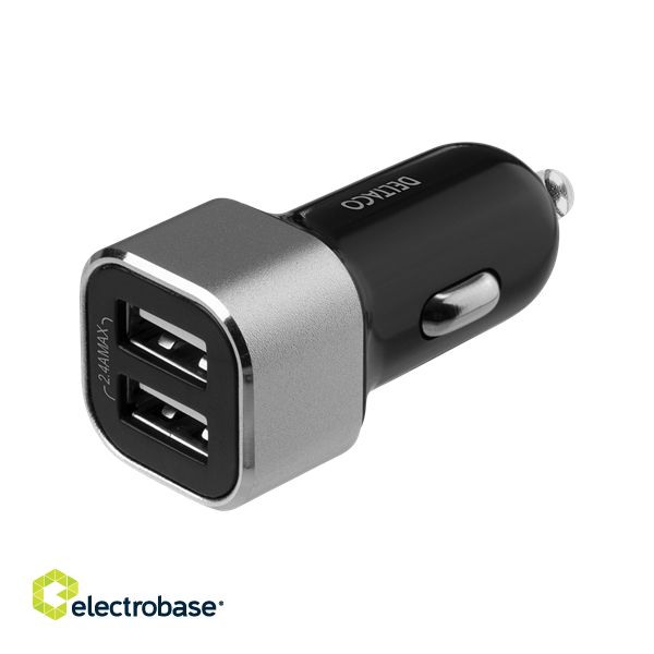 DELTACO USB car charger, 2x USB-A, 2,4 A, total 17 W black / silver USB-CAR126 image 1
