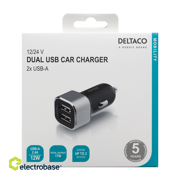 DELTACO USB car charger, 2x USB-A, 2,4 A, total 17 W black / silver USB-CAR126 image 3