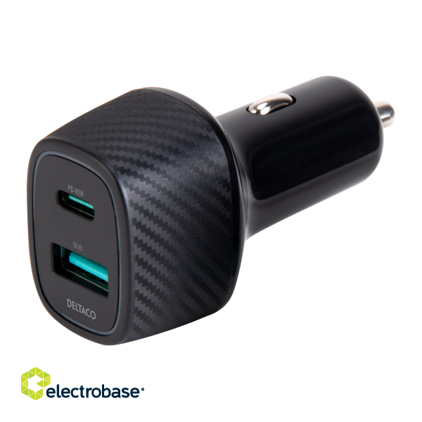 USB car charger DELTACO 1x USB-A 18 W, 1x USB-C PD 45 W, total 63 W / USBC-CAR123