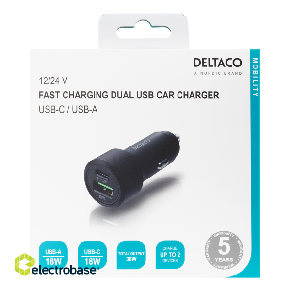 USB car charger DELTACO 1x USB-C, PD 18 W, 1x USB-A, 18 W, 36W, metal / USBC-CAR122 image 3