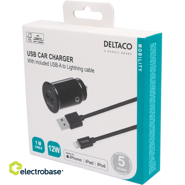 USB car charger DELTACO with detachable USB-C to Lightning cable, 12 W, 1m cable, MFI, black / USB-CAR130 image 4