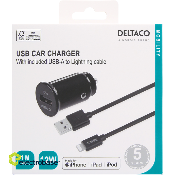 USB car charger DELTACO with detachable USB-C to Lightning cable, 12 W, 1m cable, MFI, black / USB-CAR130 image 5