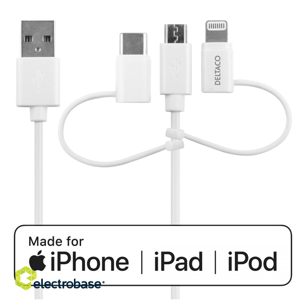 Cable DELTACO USB-C / Micro USB / Lightning to USB-A, 1m, Apple C189 chipsetm FSC-labeled packaging, white / IPLH-441 image 1