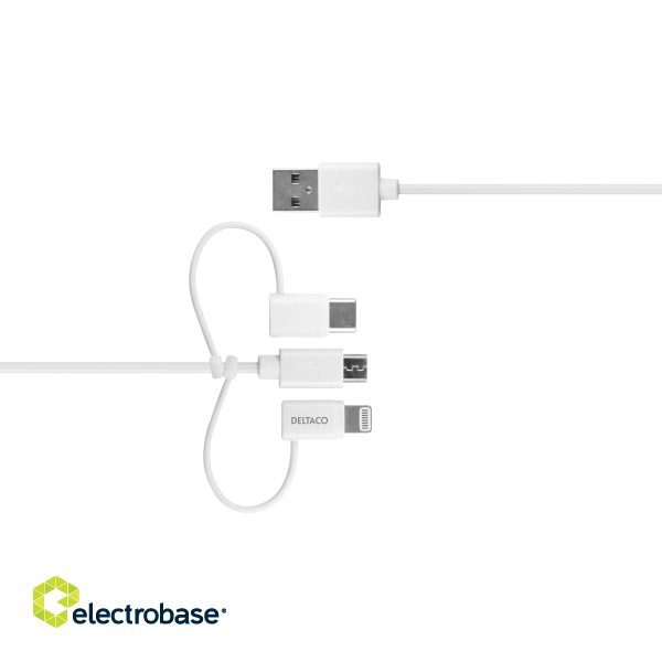 Cable DELTACO USB-C / Micro USB / Lightning to USB-A, 1m, Apple C189 chipsetm FSC-labeled packaging, white / IPLH-441 image 2