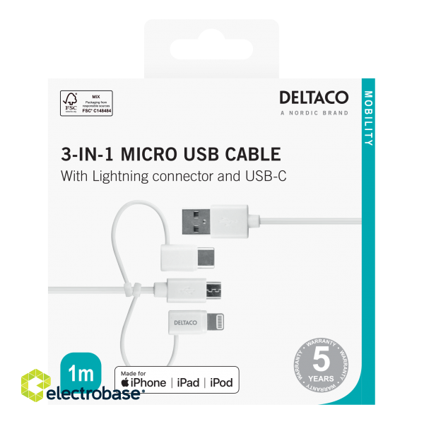 Cable DELTACO USB-C / Micro USB / Lightning to USB-A, 1m, Apple C189 chipsetm FSC-labeled packaging, white / IPLH-441 image 3