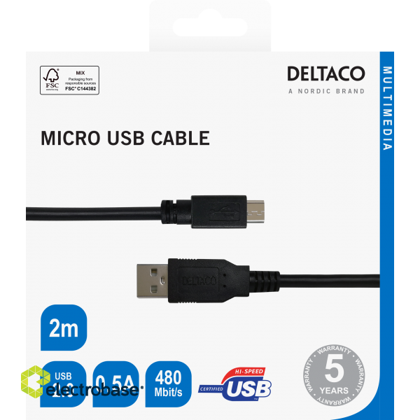 Cable DELTACO USB 2.0 Micro B, 2.4A, 2m black / USB-302S-K / R00140009 image 3