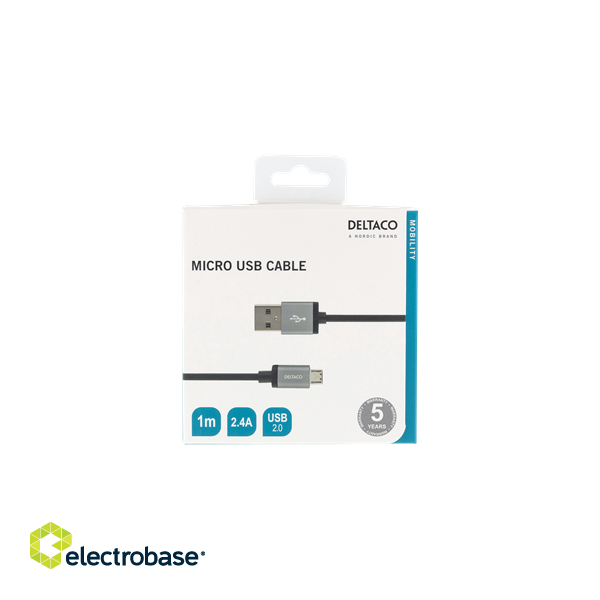 USB Sync/Charging Cable, braided, USB-A ma - USB Micro B ma, 1m, 2.4A, USB 2.0 DELTACO black / MICRO-110F image 2