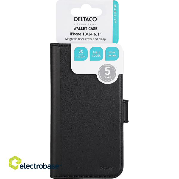 Wallet case DELTACO for iPhone 13/14, 2-in-1, magnetic back cover, black / MCASE-WIP1461 image 5