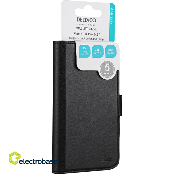 Wallet case DELTACO for iPhone 14 Pr,o 2-in-1, magnetic back cover, black / MCASE-WIP14P61 image 4