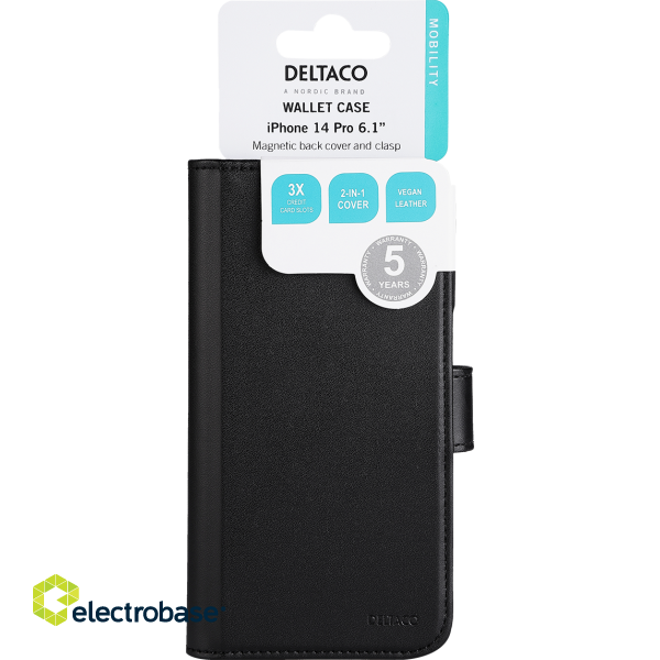 Wallet case DELTACO for iPhone 14 Pr,o 2-in-1, magnetic back cover, black / MCASE-WIP14P61 image 5
