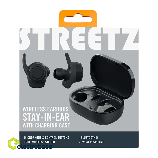 Earphones STREETZ Wireless stay-in-ear headphones with charging case, sweat resistant, BT 5, TWS, black / TWS-112 image 5