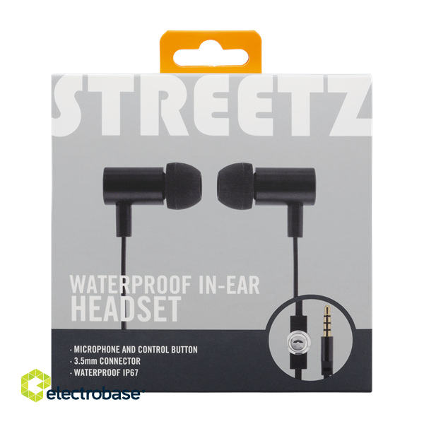 STREETZ Waterproof in-ear headphones with microphone, media / answer button, 3.5 mm, IP-67, tangle-free, black HL-W109 image 3