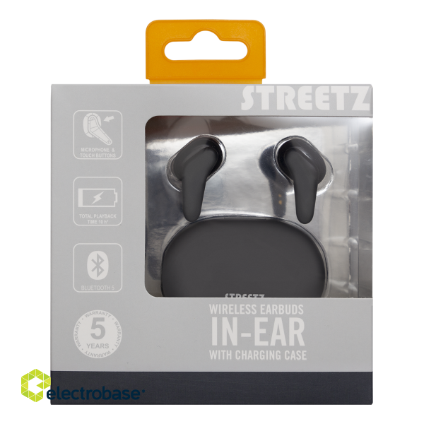 Wireless earbuds STREETZ with charging case, in-ear, TWS, BT 5, black / TWS-1113 image 8