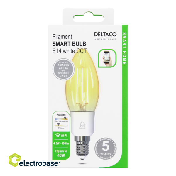 DELTACO SMART HOME LED filament lamp, E14, WiFI 2.4GHz, 4.5W, 400lm, dimmable, 1800K-6500K, 220-240V, white SH-LFE14C35 image 2