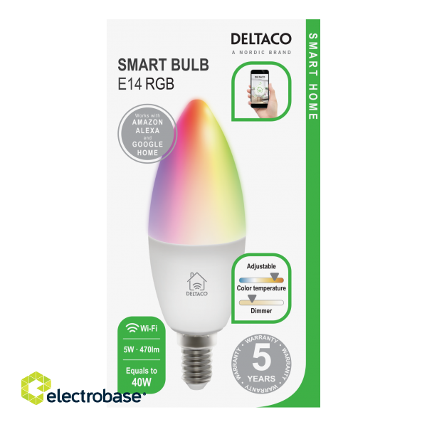 DELTACO SMART HOME LED lamp, E14, WiFI 2.4GHz, 5W, 470lm, dimmable, 2700K-6500K, 220-240V, RGB SH-LE14RGB image 2