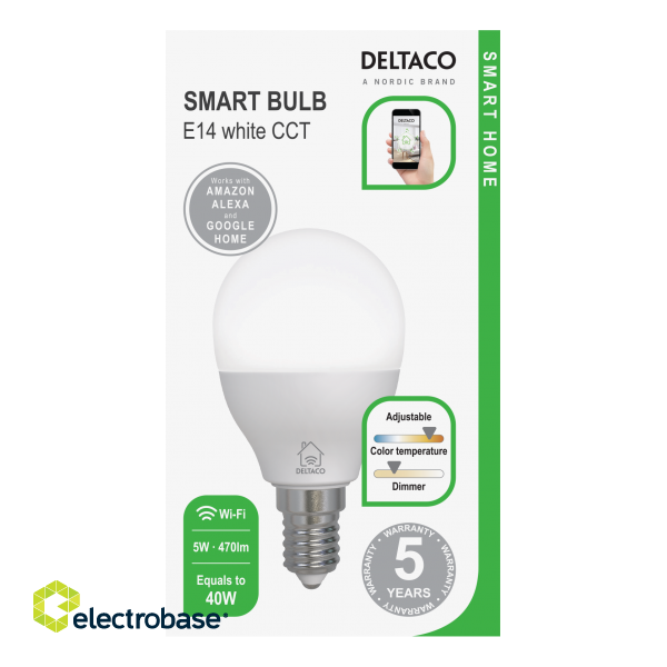 DELTACO SMART HOME LED lamp, E14, WiFI 2.4GHz, 5W, 470lm, dimmable, 2700K-6500K, 220-240V, white / SH-LE14G45W image 2