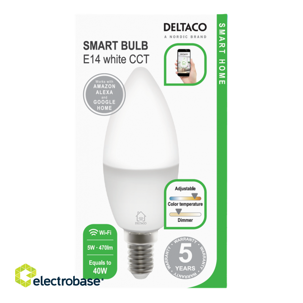 DELTACO SMART HOME LED lamp, E14, WiFI 2.4GHz, 5W, 470lm, dimmable, 2700K-6500K, 220-240V, white / SH-LE14W image 3