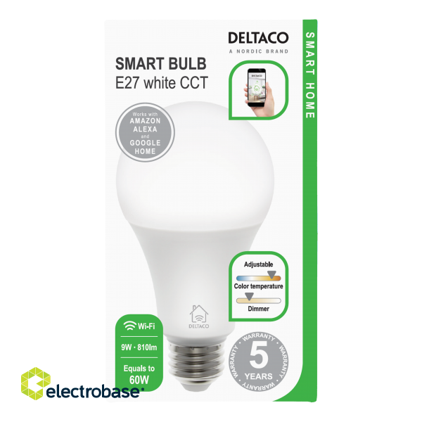 DELTACO SMART HOME LED lamp, E27, WiFI 2.4GHz, 9W, 810lm, dimmable, 2700K-6500K, 220-240V, white  SH-LE27W image 3