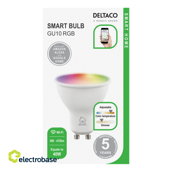 DELTACO SMART HOME LED lamp, GU10, WiFI 2.4GHz, 5W, 470lm, dimmable, 2700K-6500K, 220-240V, RGB SH-LGU10RGB image 3