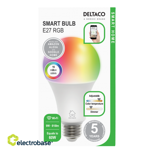 DELTACO SMART HOME RGB LED lamp, E27, WiFI 2.4GHz, 9W, 810lm, dimmable, 16m colors, 220-240V, white SH-LE27RGB image 3