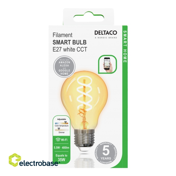 DELTACO SMART HOME Spiral LED filament lamp, E27, WiFI 2.4GHz, 5.5W, 470lm, dimmable, 1800K-6500K, 220-240V, SH-LFE27A60S image 2