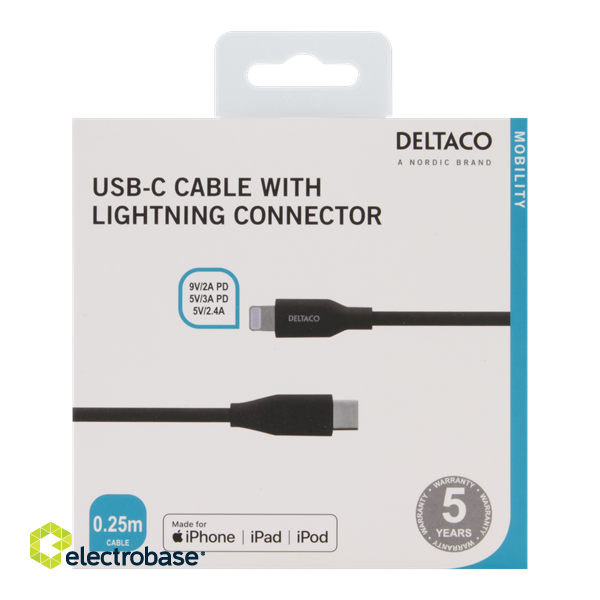 DELTACO USB-C to Lightning cable, 0.25m, 9V / 2A PD, 5V / 3A PD, 5V / 2.4A, USB 2.0, black / IPLH-301M image 2