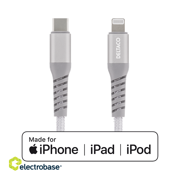 DELTACO USB-C to Lightning cable, 1m, 9V / 2A PD, 5V / 3A PD, 5V / 2.4A, cloth covered, USB 2.0, silver / IPLH-312M image 1