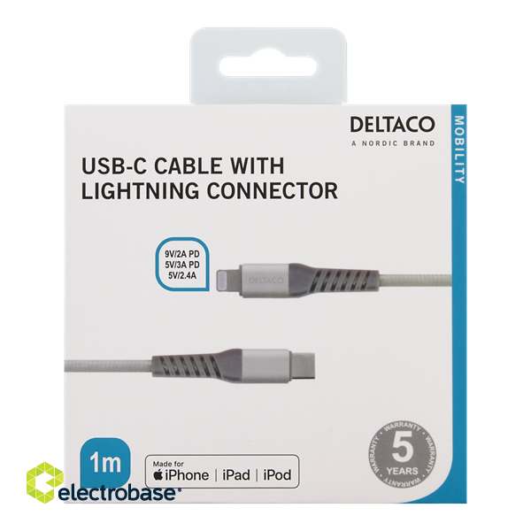 DELTACO USB-C to Lightning cable, 1m, 9V / 2A PD, 5V / 3A PD, 5V / 2.4A, cloth covered, USB 2.0, silver / IPLH-312M image 2