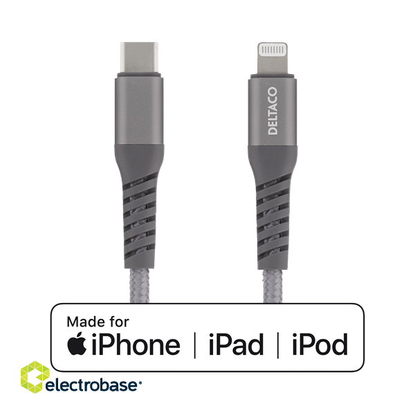 DELTACO USB-C to Lightning cable, 1m, 9V / 2A PD, 5V / 3A PD, 5V / 2.4A, cloth covered, USB 2.0, space gray / IPLH-314M image 1