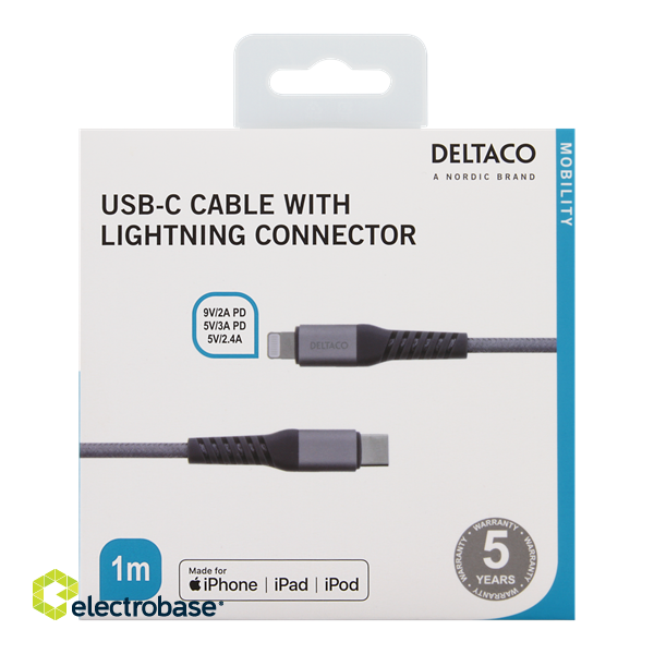 DELTACO USB-C to Lightning cable, 1m, 9V / 2A PD, 5V / 3A PD, 5V / 2.4A, cloth covered, USB 2.0, space gray / IPLH-314M image 2