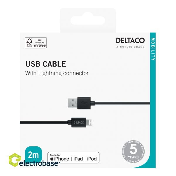 Lightning cable DELTACO 2m, Apple C189 chipset, MFi, FSC-labeled packaging, black / IPLH-412 image 3
