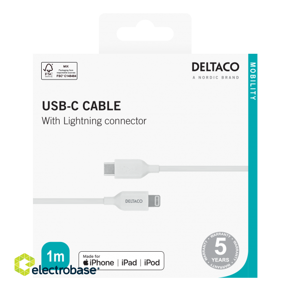 Lightning cable DELTACO USB-C - Lightning, 1m, Apple C94 chipset FSC-labeled packaging, white / IPLH-451 image 3