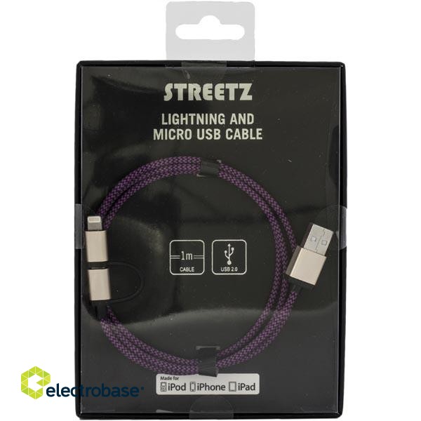 Кабель для мобильного телефона STREETZ USB-microUSB+Lightning, 1.0м, фиолетовый / IPLH-243 фото 2