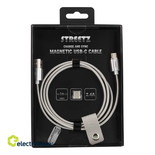 Magnetic cable STREETZ USB 2.0, USB-C, 1m, silver / USBC-1271 фото 2
