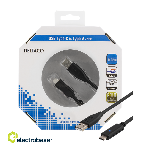 Phone cable DELTACO USB 2.0 "C-A", 0.25m, black / USBC-1002-K image 1