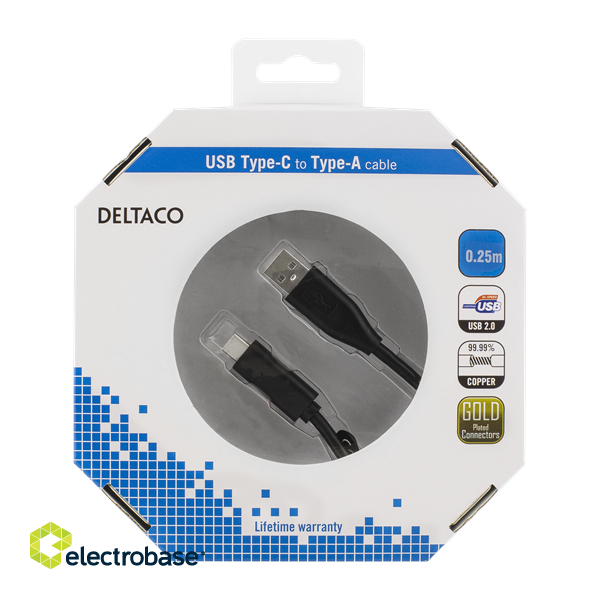 Phone cable DELTACO USB 2.0 "C-A", 0.25m, black / USBC-1002-K image 3