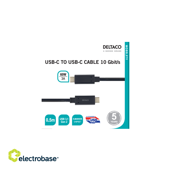 USB-C to USB-C cable 10 Gbit/s 0.5m, 60W, 3A DELTACO black / USBC-1121M