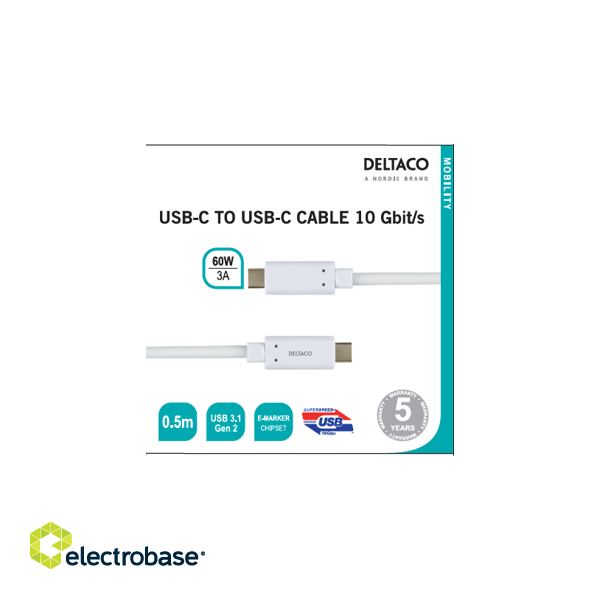 USB-C to USB-C cable 10 Gbit/s 0.5m, 60W, 3A DELTACO white / USBC-1126M