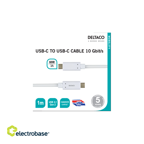 USB-C to USB-C cable 10 Gbit/s 1m, white DELTACO / USBC-1127M 