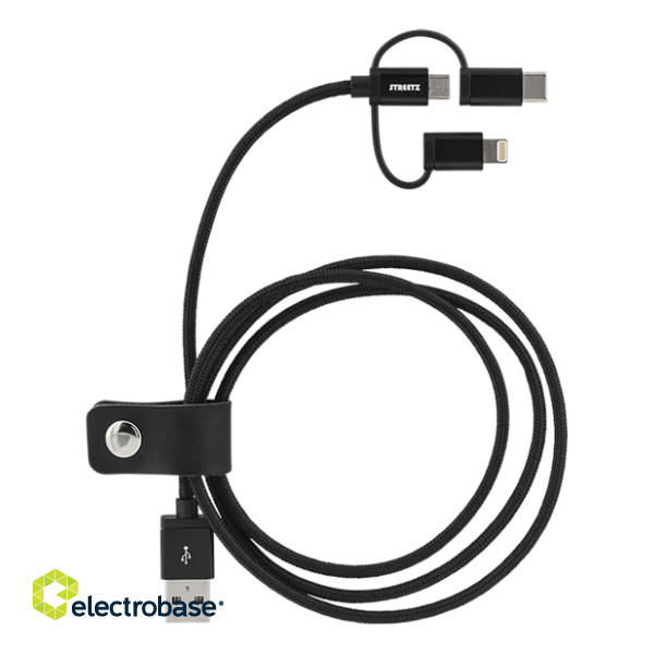 Phone cable STREETZ, USB-microUSB+Lightning+USB-C, 1.0m, black / IPLH-584 image 2
