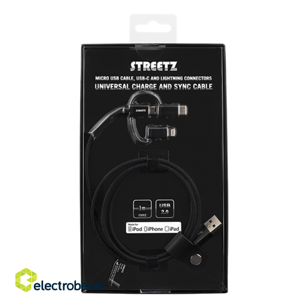 Phone cable STREETZ, USB-microUSB+Lightning+USB-C, 1.0m, black / IPLH-584 image 3
