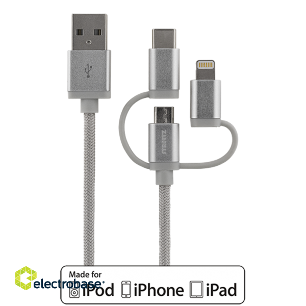 Phone cable STREETZ, USB-microUSB+Lightning+USB-C, 1.0m, silver / IPLH-585 image 1