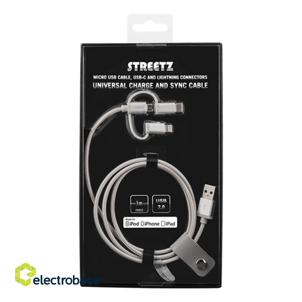 Phone cable STREETZ, USB-microUSB+Lightning+USB-C, 1.0m, silver / IPLH-585 image 3