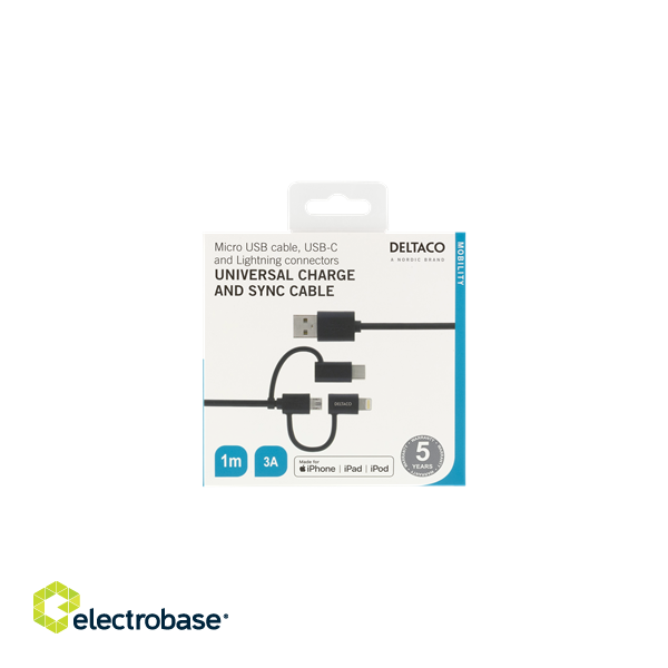 Universal Charge and Sync cable, 1m, Micro USB, USB-C, Lightning DELTACO black / IPLH-155 image 3