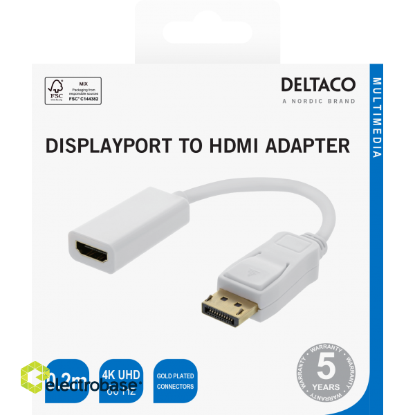 Adapter DELTACO HDMI - DisplayPort, 4K UHD 60Hz, 0.2m, white / 00110023 image 2