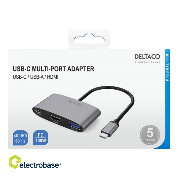 Adapter DELTACO USB-C to HDMI and USB A, port with Power Delivery 3.0, 3840x2160 60Hz, space grey / USBC-HDMI22 image 3